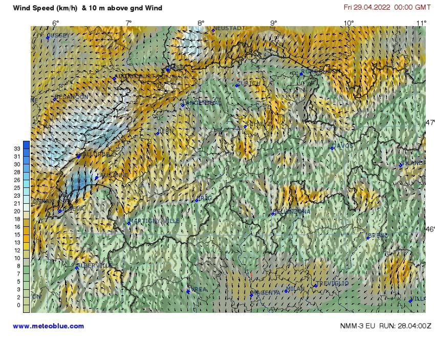 Meteoblue Windprognose (klick > Messwerte Schweiz)